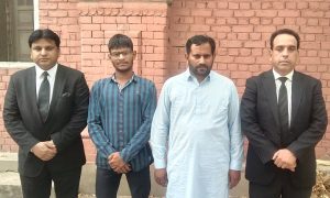 Dawood William (2nd from left) and Shahid Aftab (3rd from left) with attorneys after they were acquitted on April 18, 2025. (Christian Daily International-Morning Star News)
